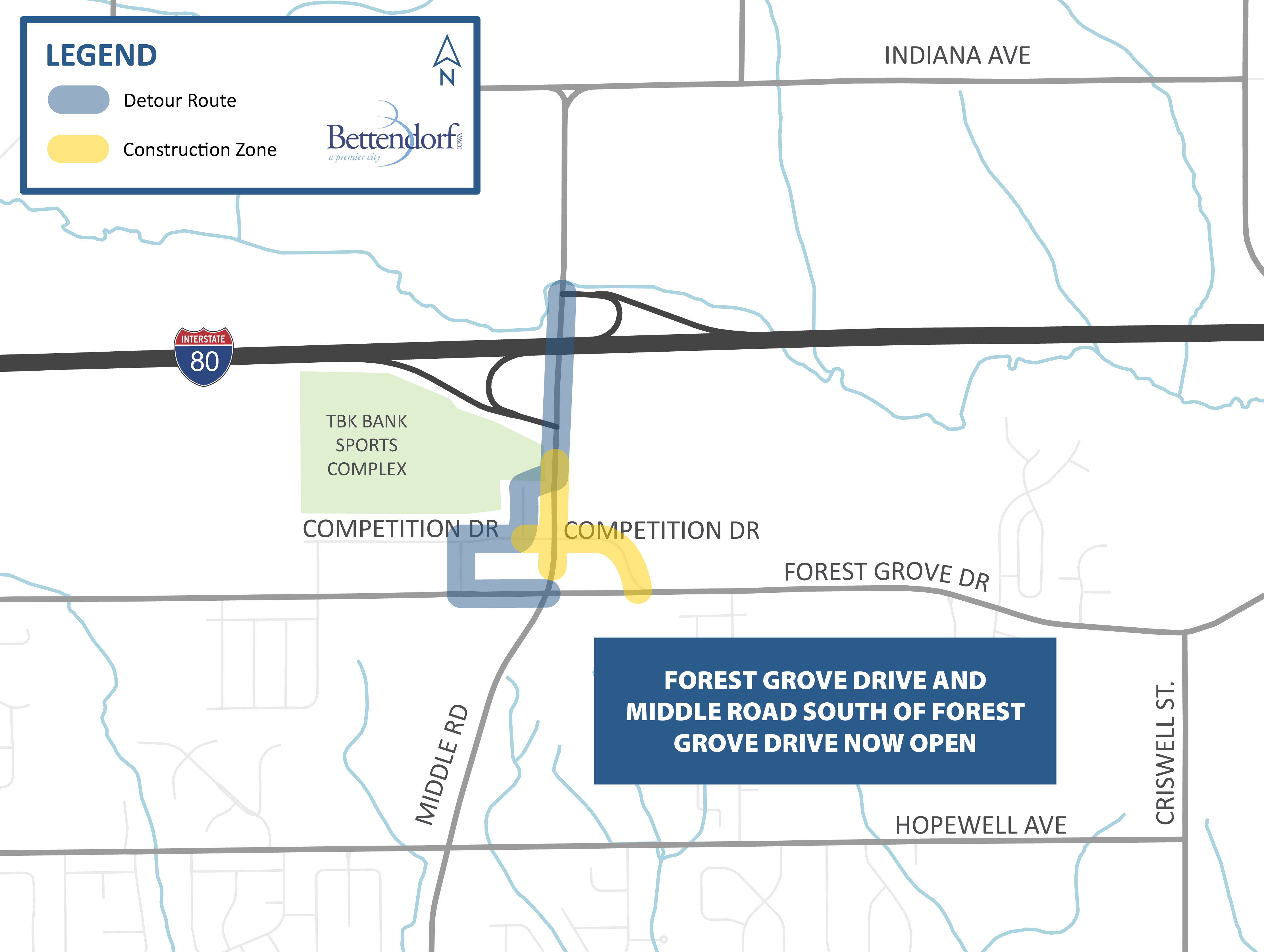 Portions of forest grove drive, middle road, and competition drive remain closed. forest grove drive east of middle road, middle road south of forest grove drive, and championship drive now open.